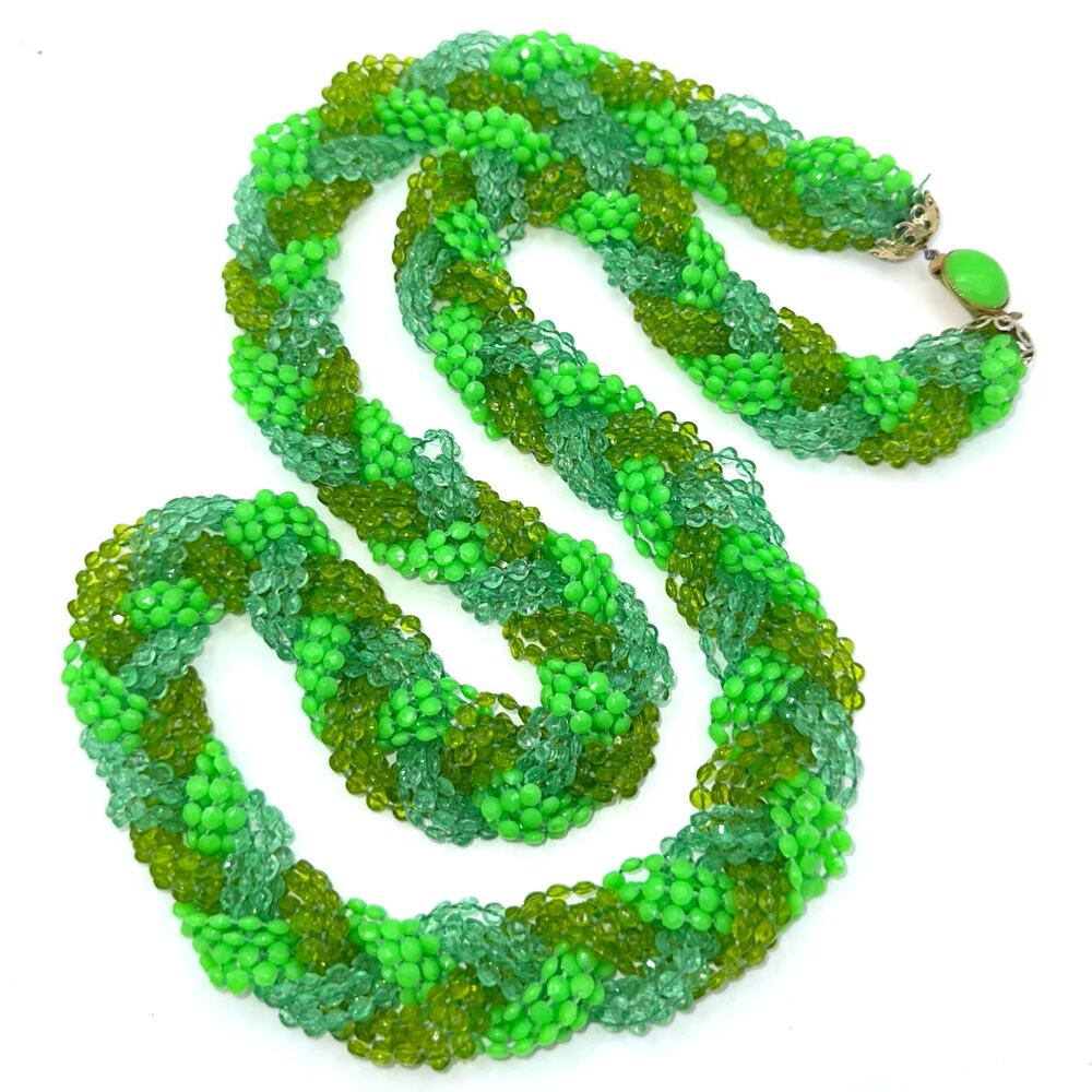 Hong Kong vintage 40" multi strand braided green lucite beads beaded necklace